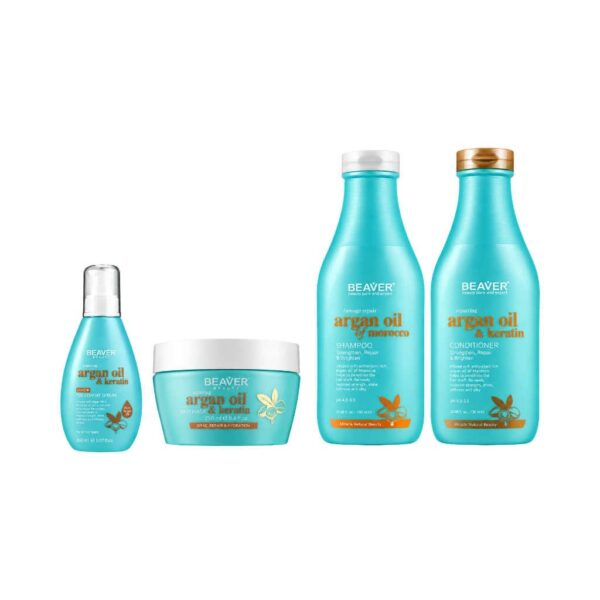 Beaver Argan Oil Verzorgingsset – Shampoo + Conditioner + Haarmasker + Serum Treatment, 730 ml + 730 ml + 250 ml + 150 ml